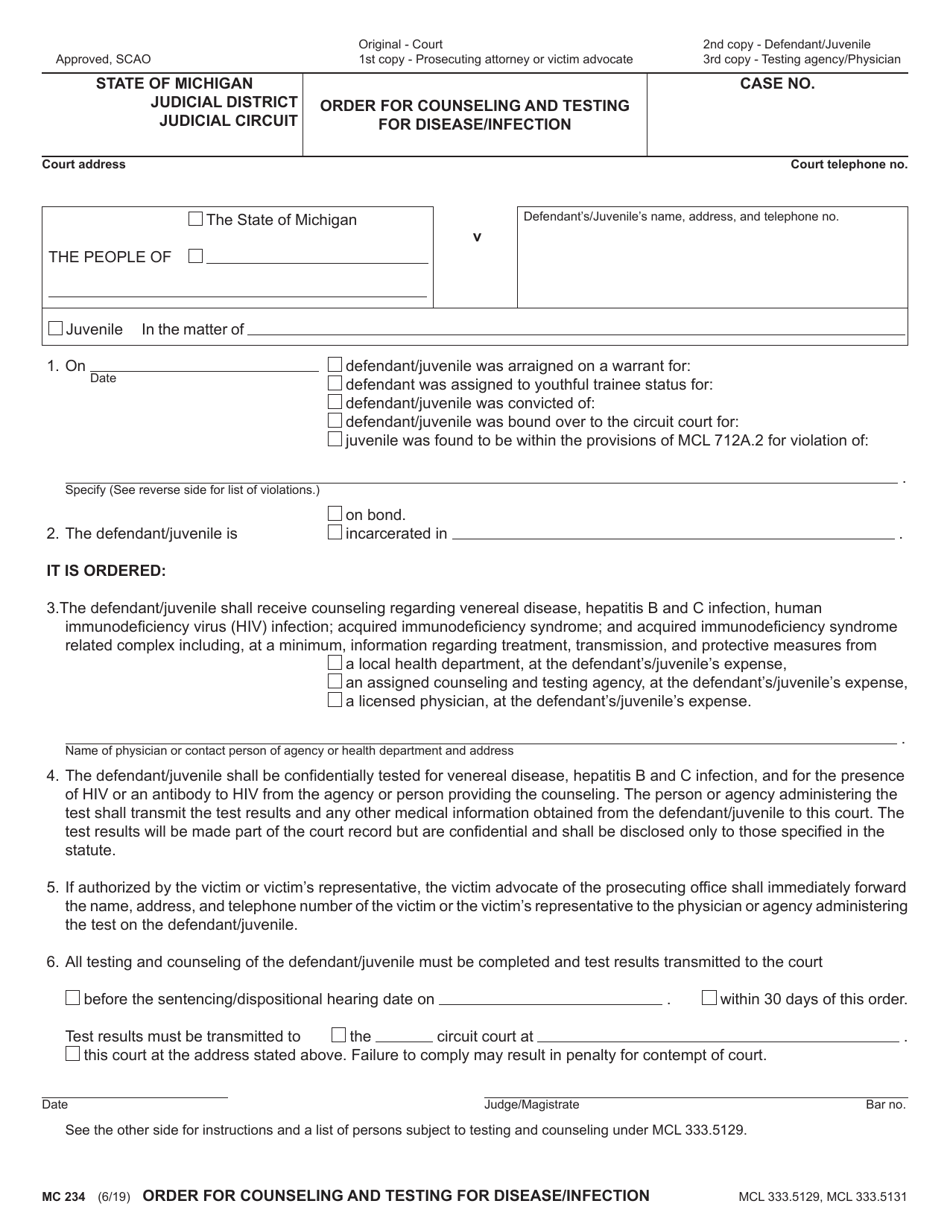 Form MC234 Order for Counseling and Testing for Disease / Infection - Michigan, Page 1