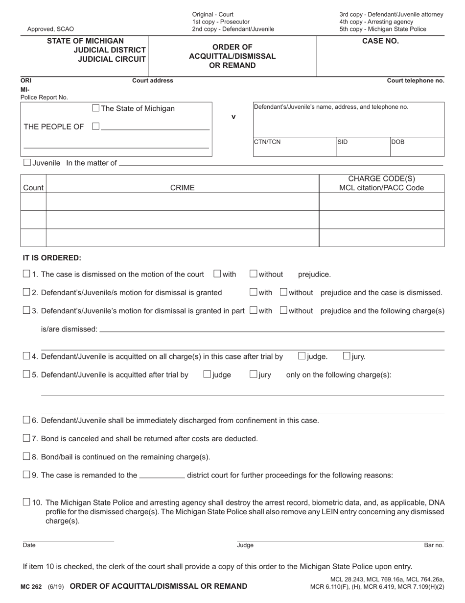 Form MC262 Order of Acquittal / Dismissal or Remand - Michigan, Page 1