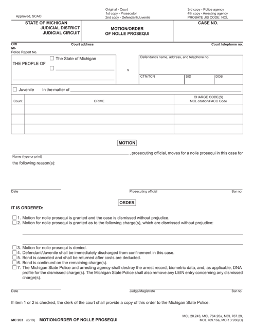 Form MC263 Motion/Order of Nolle Prosequi - Michigan