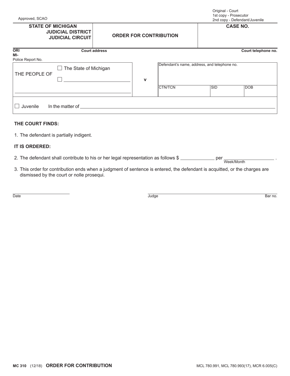 Form MC310 Order for Contribution - Michigan, Page 1