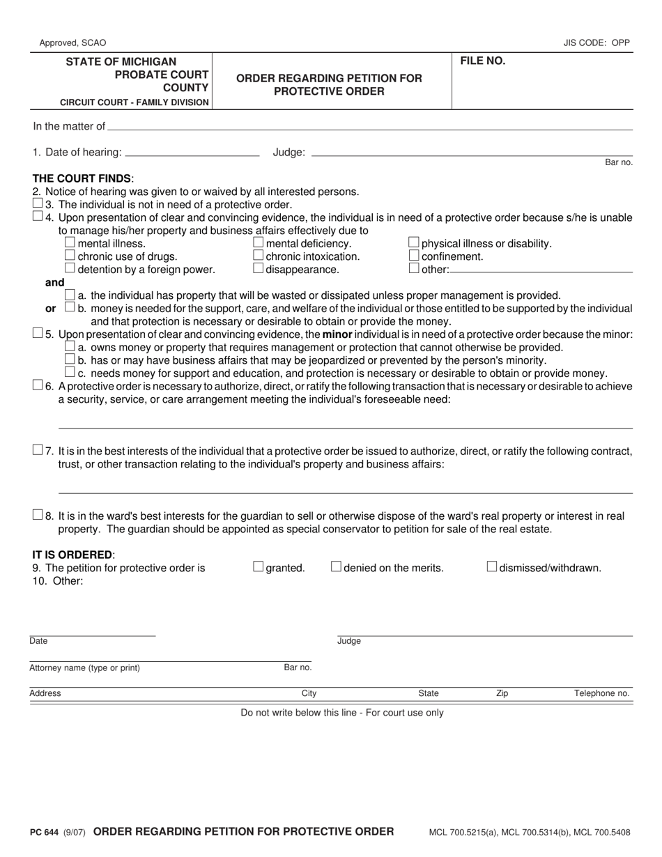 Form PC644 Order Regarding Petition for Protective Order - Michigan, Page 1