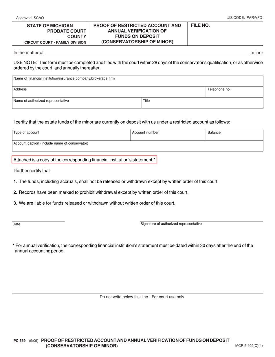 Form PC669 Proof of Restricted Account and Annual Verification of Funds on Deposit (Conservatorship of Minor) - Michigan, Page 1