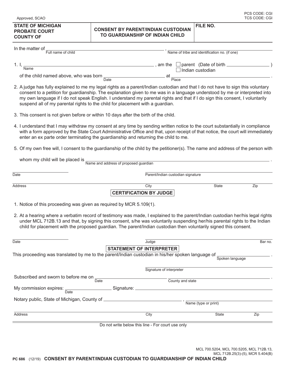 Form PC686 Consent by Parent / Indian Custodian to Guardianship of Indian Child - Michigan, Page 1