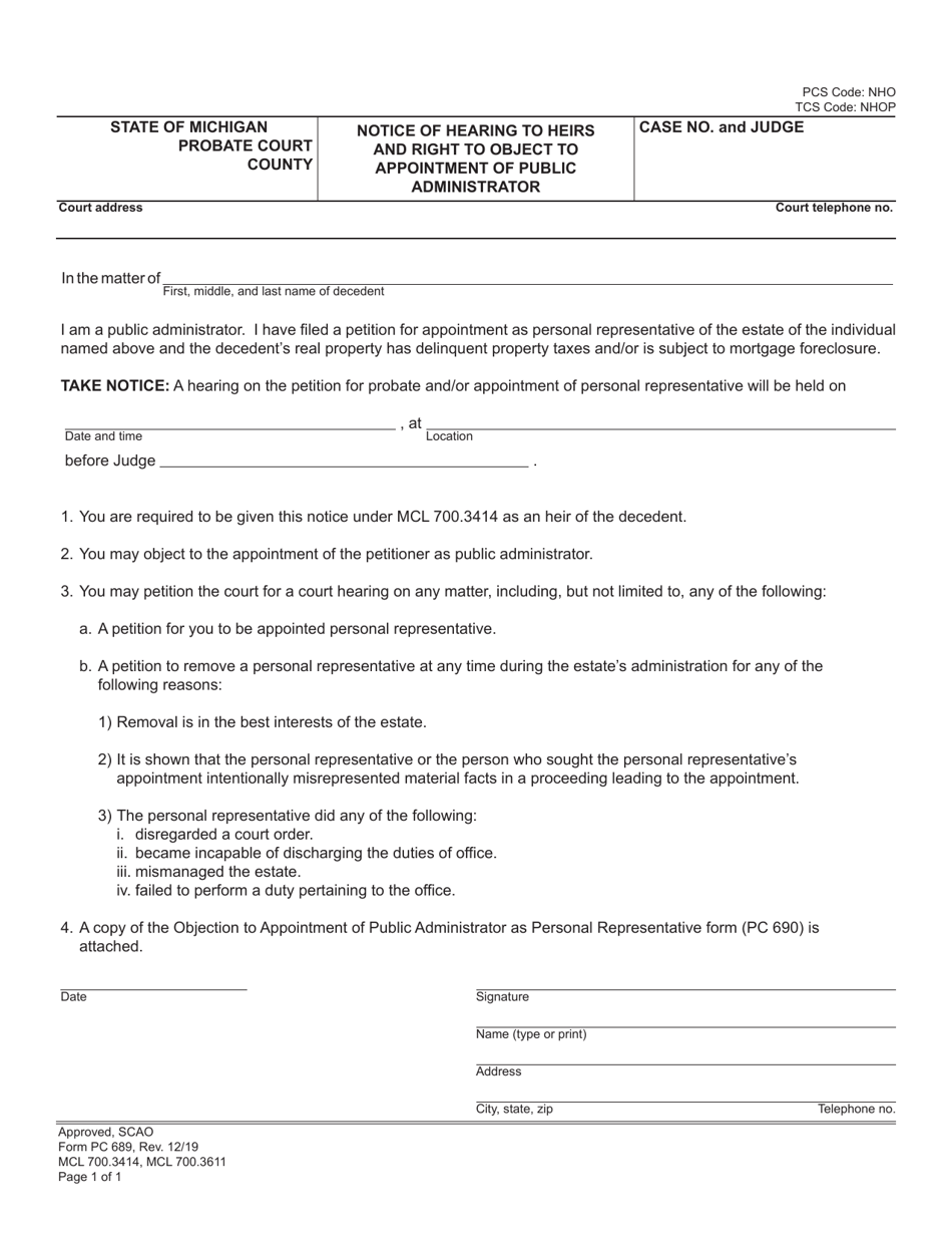 Form PC689 Notice of Hearing to Heirs and Right to Object to Appointment of Public Administrator - Michigan, Page 1