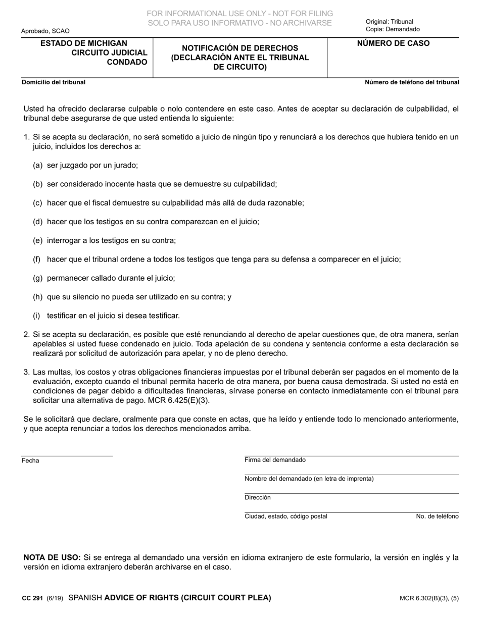 Formulario CC291 Notificacion De Derechos (Declaracion Ante El Tribunal De Circuito) - Michigan (Spanish), Page 1