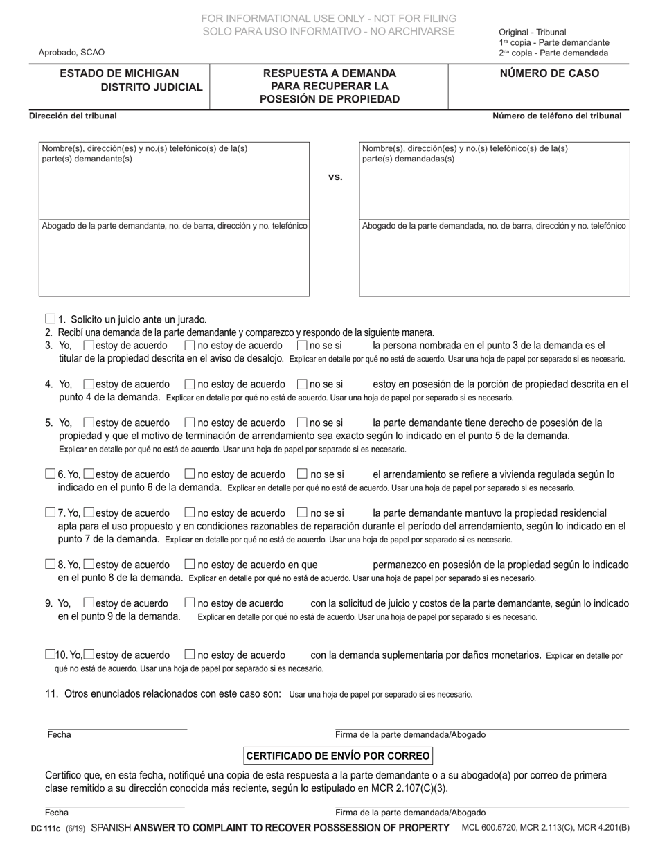 Formulario DC111C Respuesta a Demanda Para Recuperar La Posesion De Propiedad - Michigan (Spanish), Page 1