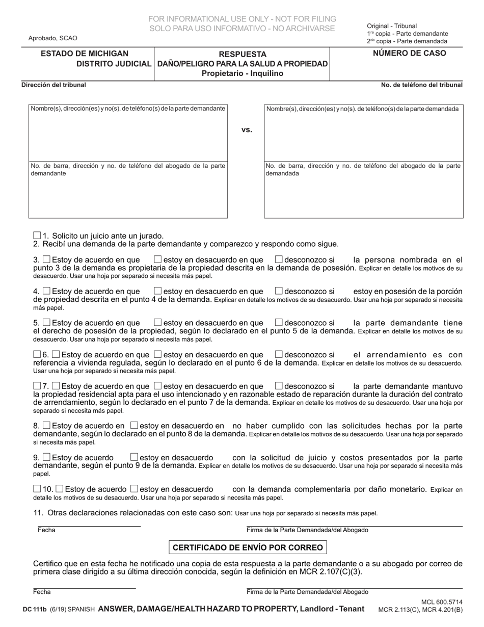 Formulario DC111BSP Respuesta Dano / Peligro Para La Salud a Propiedad - Propietario - Inquilino - Michigan (Spanish), Page 1
