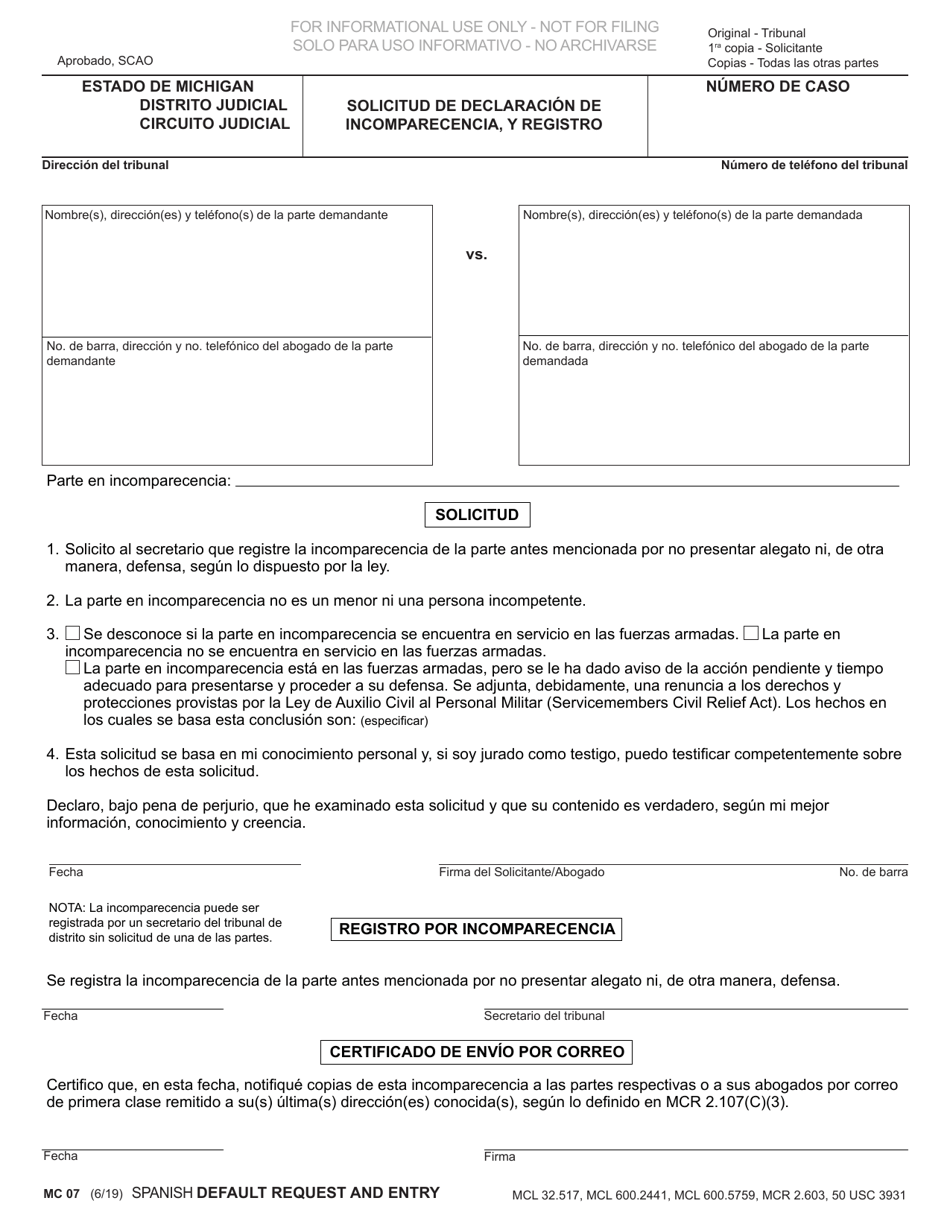 Formulario MC07SP Solicitud De Declaracion De Incomparecencia, Y Registro - Michigan (Spanish), Page 1
