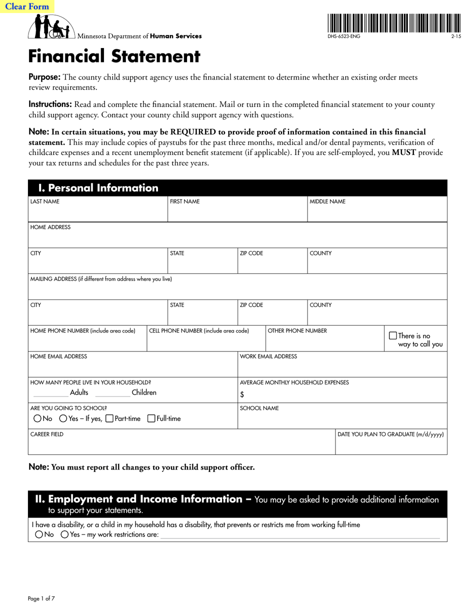 Form DHS-6523-ENG Financial Statement - Minnesota, Page 1