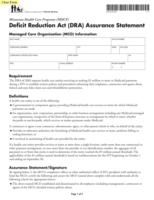 Form DHS-6372-ENG Deficit Reduction Act (Dra) Assurance Statement for Mcos - Minnesota