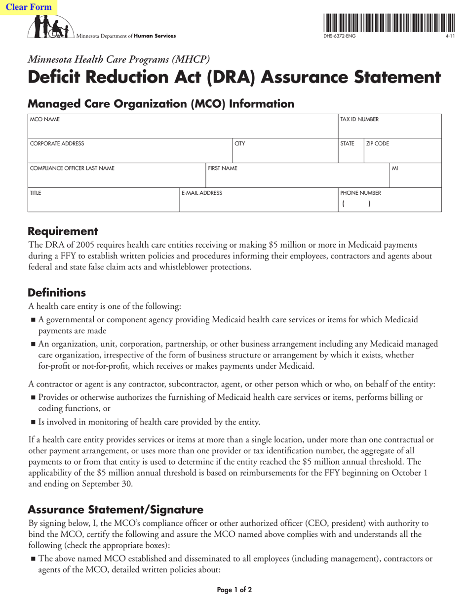 Form DHS-6372-ENG Deficit Reduction Act (Dra) Assurance Statement for Mcos - Minnesota, Page 1