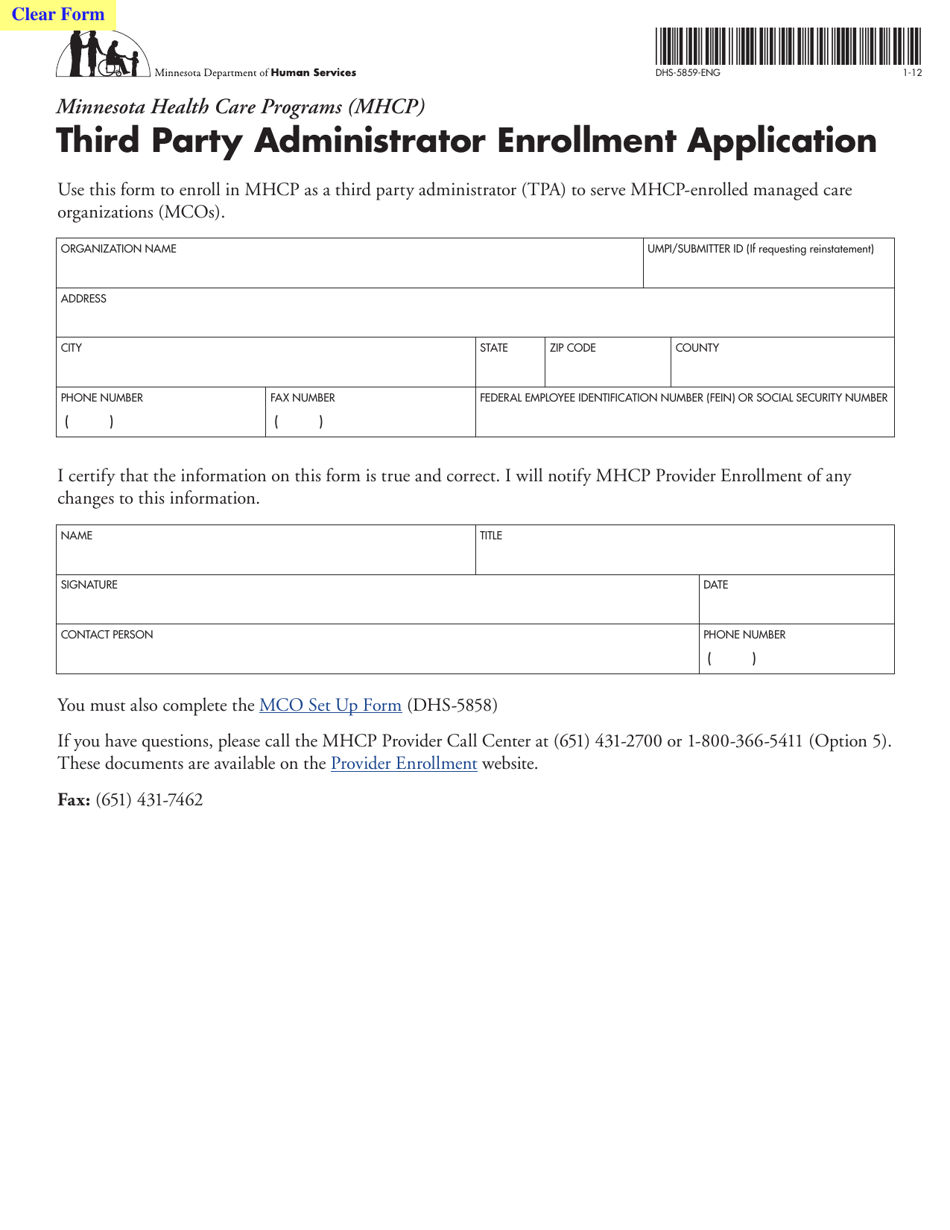 Form DHS-5859-ENG Third Party Administrator Enrollment Application - Minnesota, Page 1