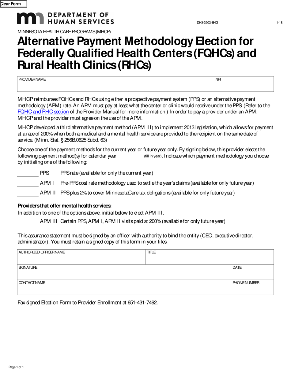 Form DHS-3903-ENG Alternative Payment Methodology Election for Federally Qualified Health Centers (Fqhcs) and Rural Health Clinics (Rhcs) - Minnesota, Page 1