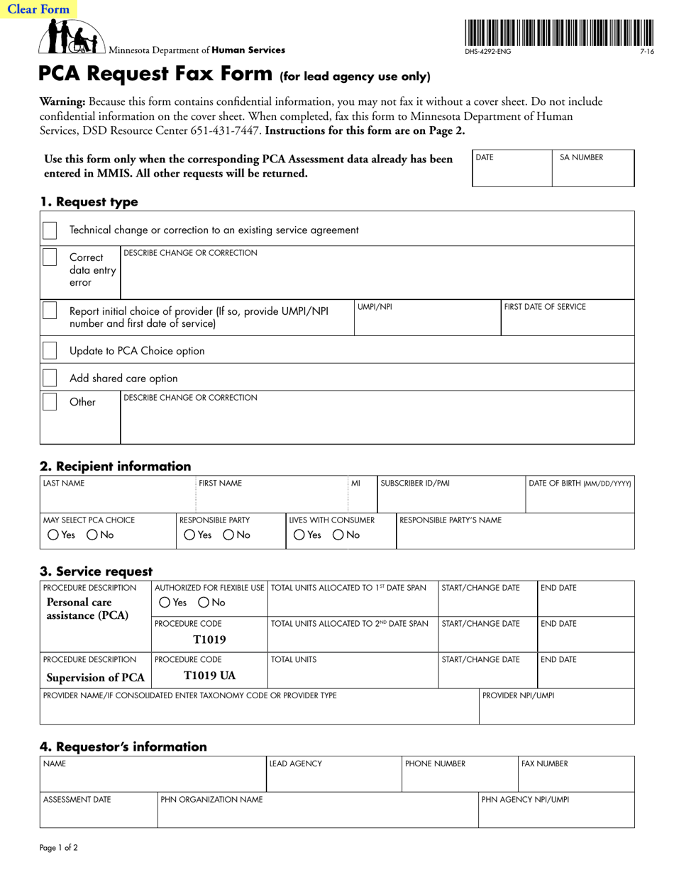 Form DHS-4292-ENG Pca Request Fax Form - Minnesota, Page 1