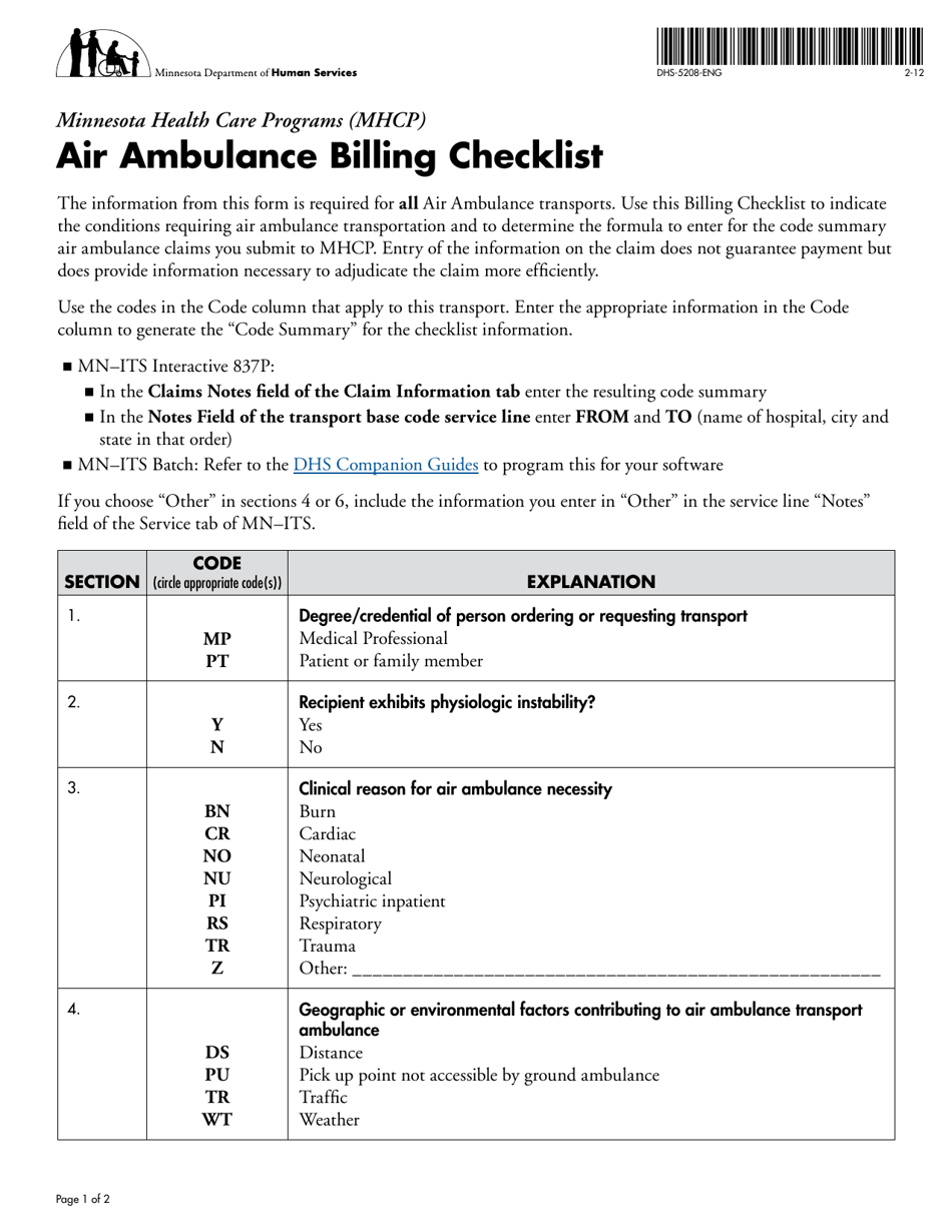 Form DHS-5208-ENG Mhcp Air Ambulance Checklist - Minnesota, Page 1
