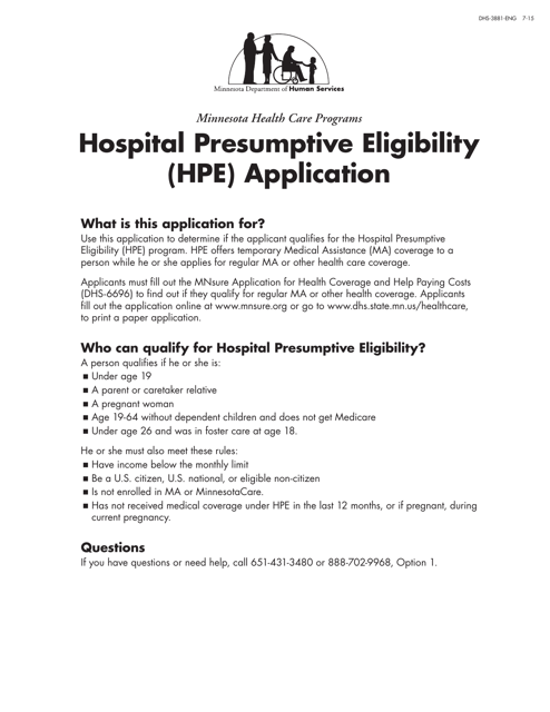 Form DHS-3881-ENG Hospital Presumptive Eligibility (Hpe) Application - Minnesota