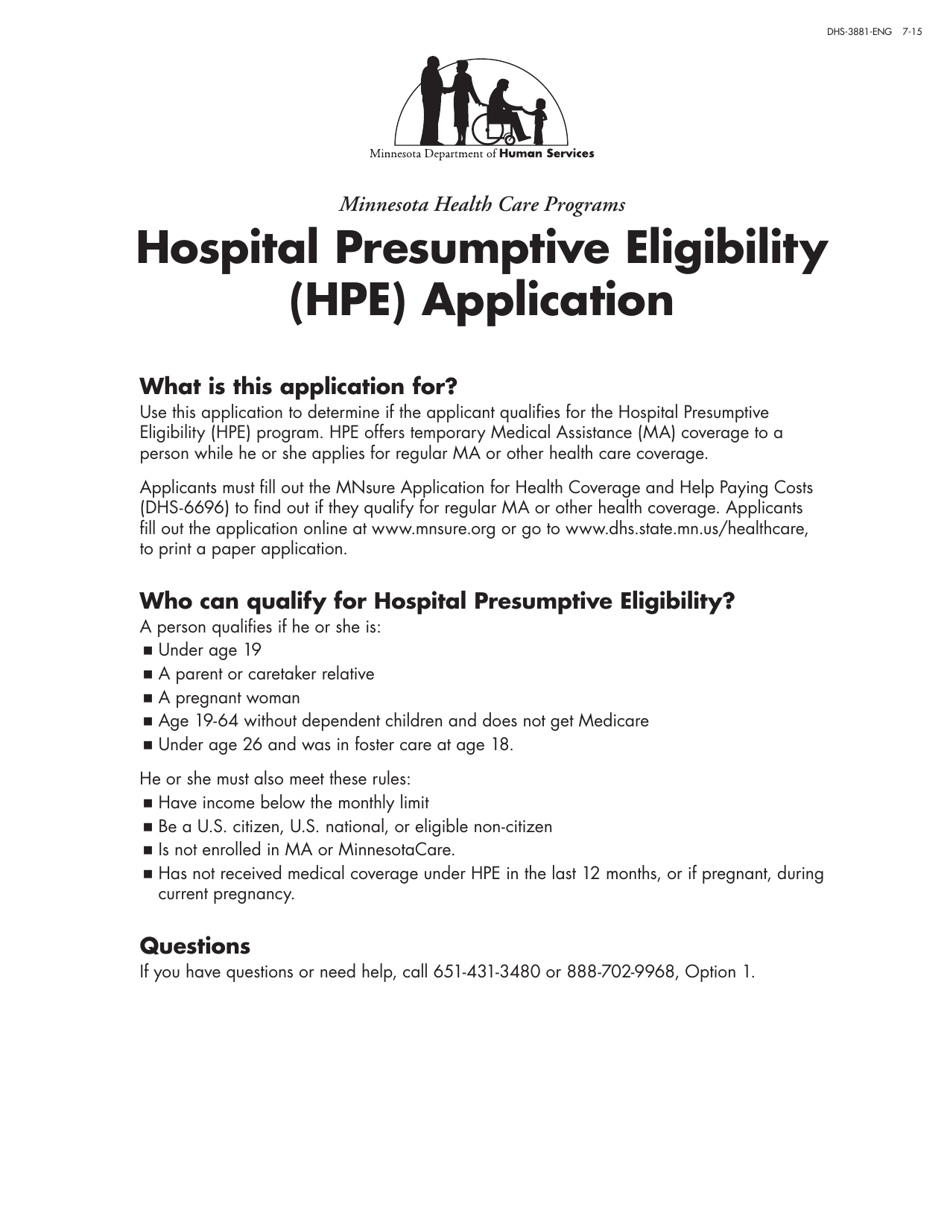 Form DHS-3881-ENG Hospital Presumptive Eligibility (Hpe) Application - Minnesota, Page 1
