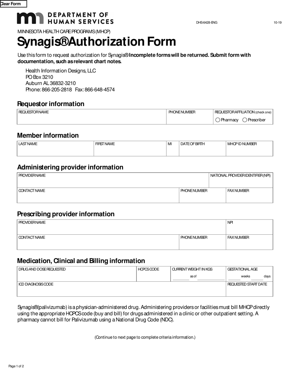 Form DHS-6428-ENG Mhcp Synagis Authorization Form - Minnesota, Page 1