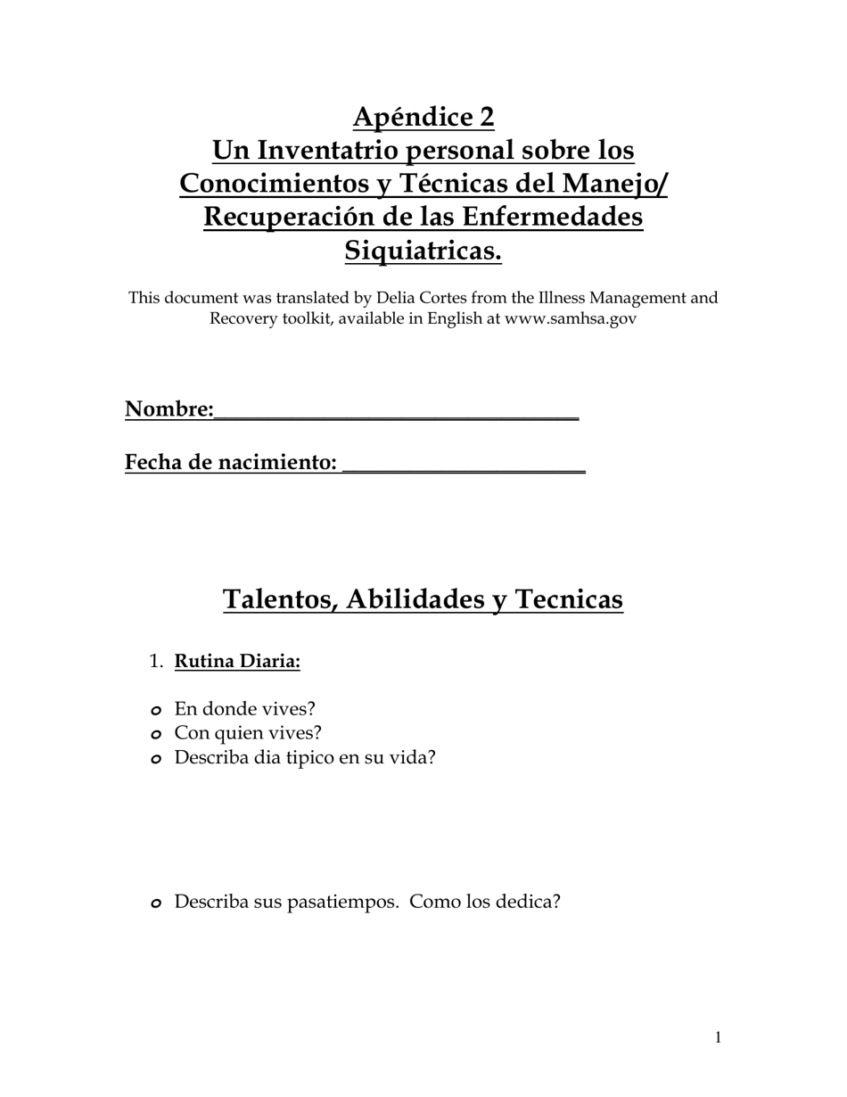 Apendice 2 Un Inventatrio Personal Sobre Los Conocimientos Y Tecnicas Del Manejo / Recuperacion De Las Enfermedades Siquiatricas - Minnesota (Spanish), Page 1