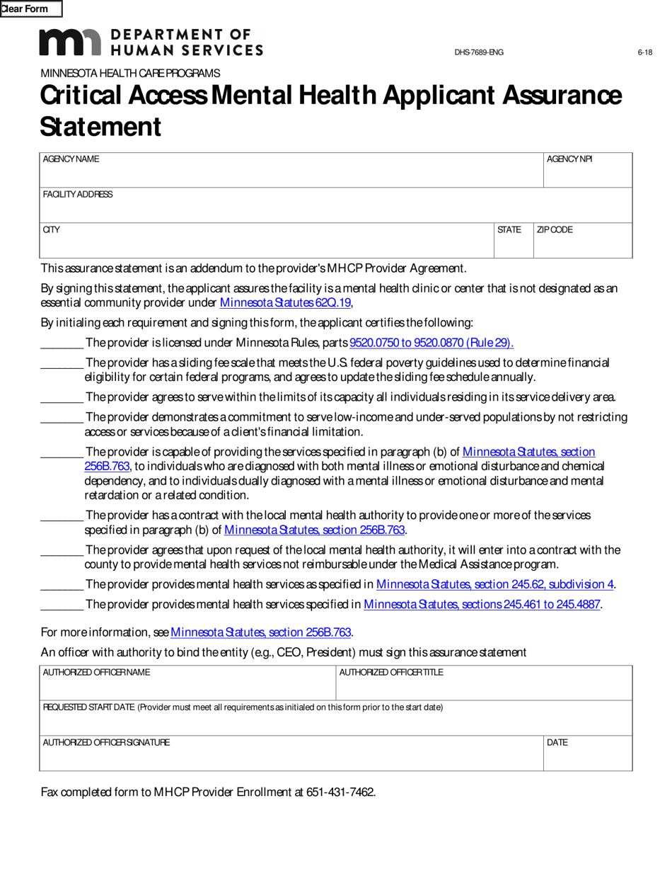 Form DHS-7689-ENG Critical Access Mental Health Applicant Assurance Statement - Minnesota, Page 1