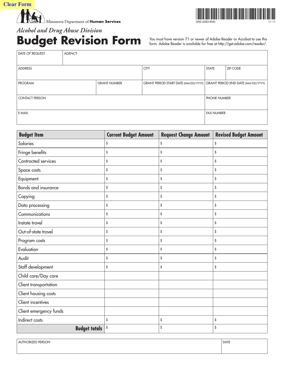 Form DHS-4283-ENG Budget Revision Form - Minnesota, Page 1