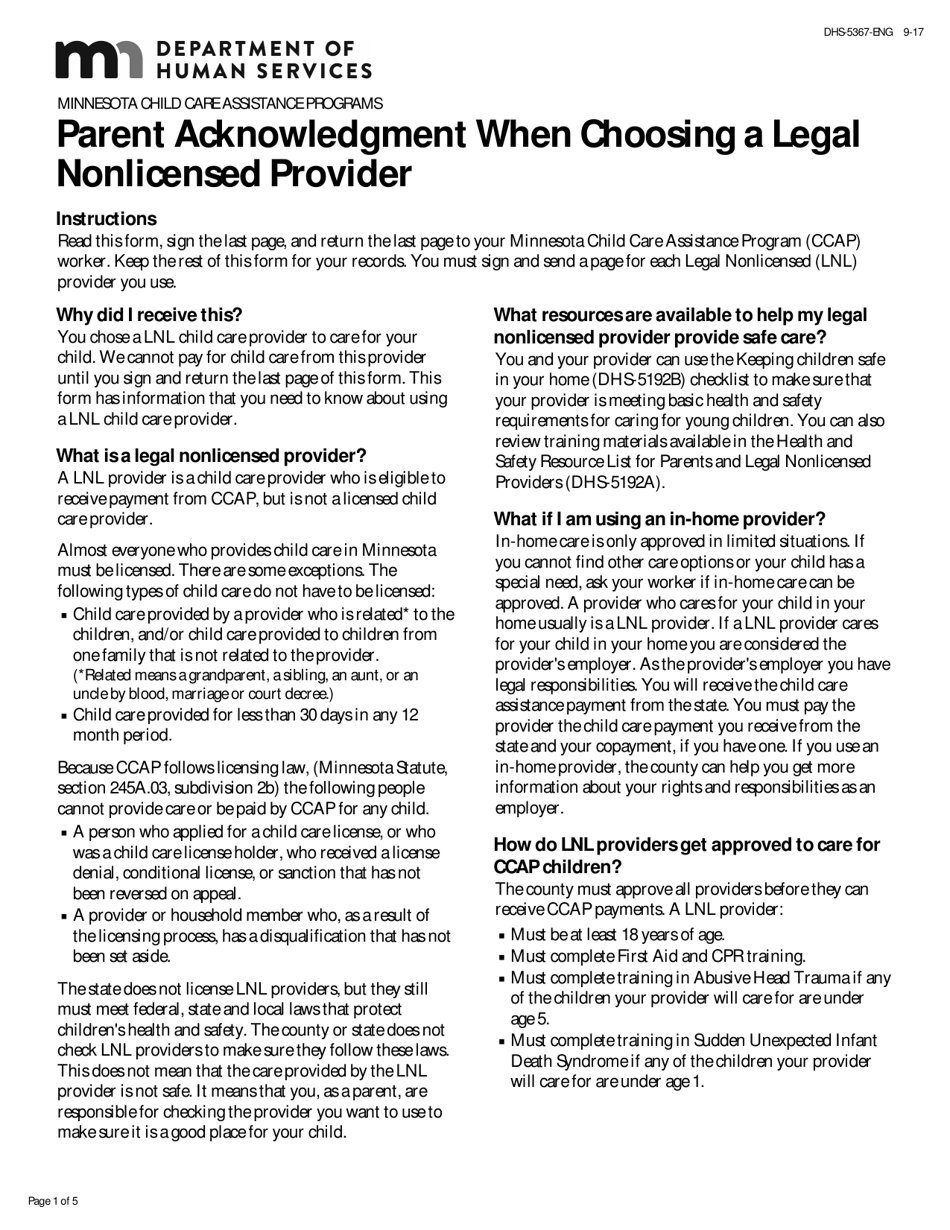 Form DHS-5367-ENG Parent Acknowledgement When Choosing a Legal Non-licensed Provider - Minnesota, Page 1
