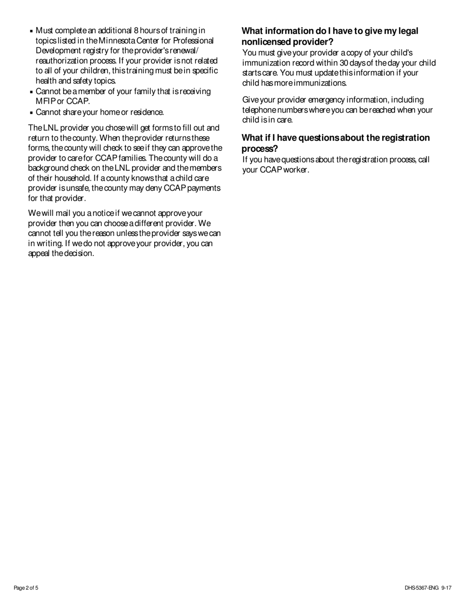 Form DHS-5367-ENG Parent Acknowledgement When Choosing a Legal Non-licensed Provider - Minnesota, Page 2