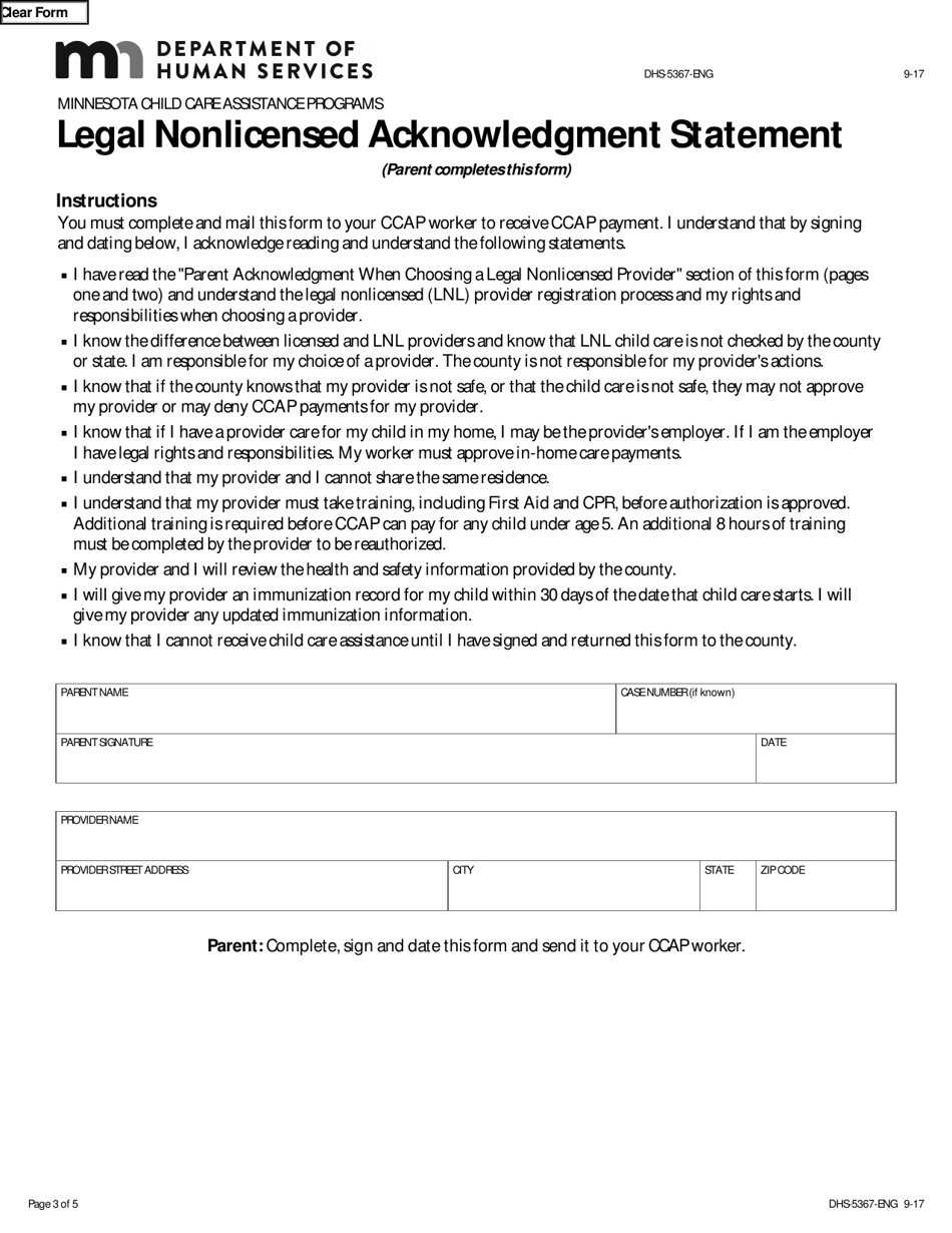Form DHS-5367-ENG Parent Acknowledgement When Choosing a Legal Non-licensed Provider - Minnesota, Page 3
