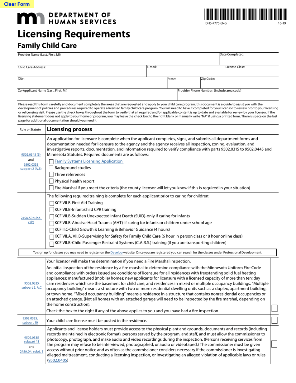Form DHS-7775-ENG Licensing Requirements Family Child Care - Minnesota, Page 1