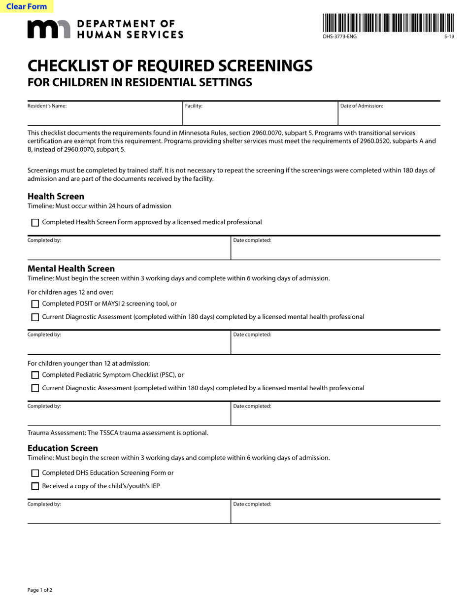 Form DHS-3773-ENG Checklist of Required Screenings for Children in Residential Settings - Minnesota, Page 1