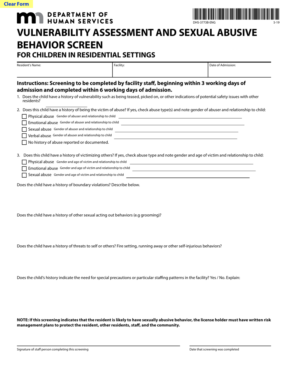 Form DHS-3773B-ENG Vulnerability Assessment and Sexual Abusive Behavior Screen for Children in Residential Settings - Minnesota, Page 1