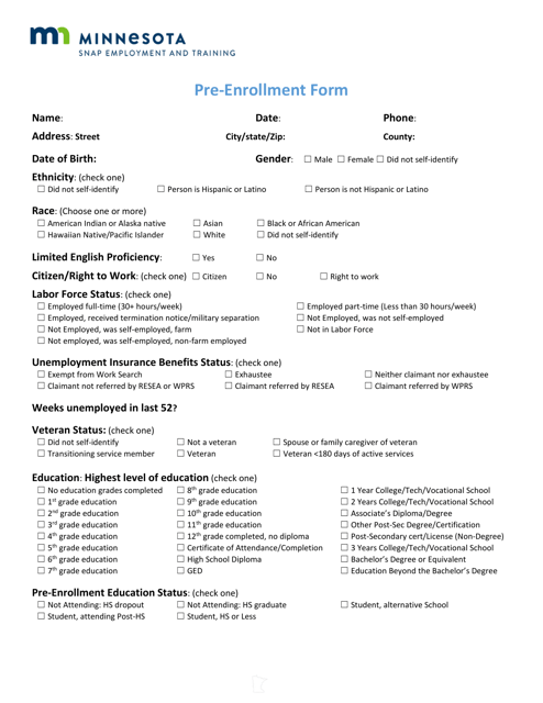 Pre-enrollment Form - Minnesota Download Pdf