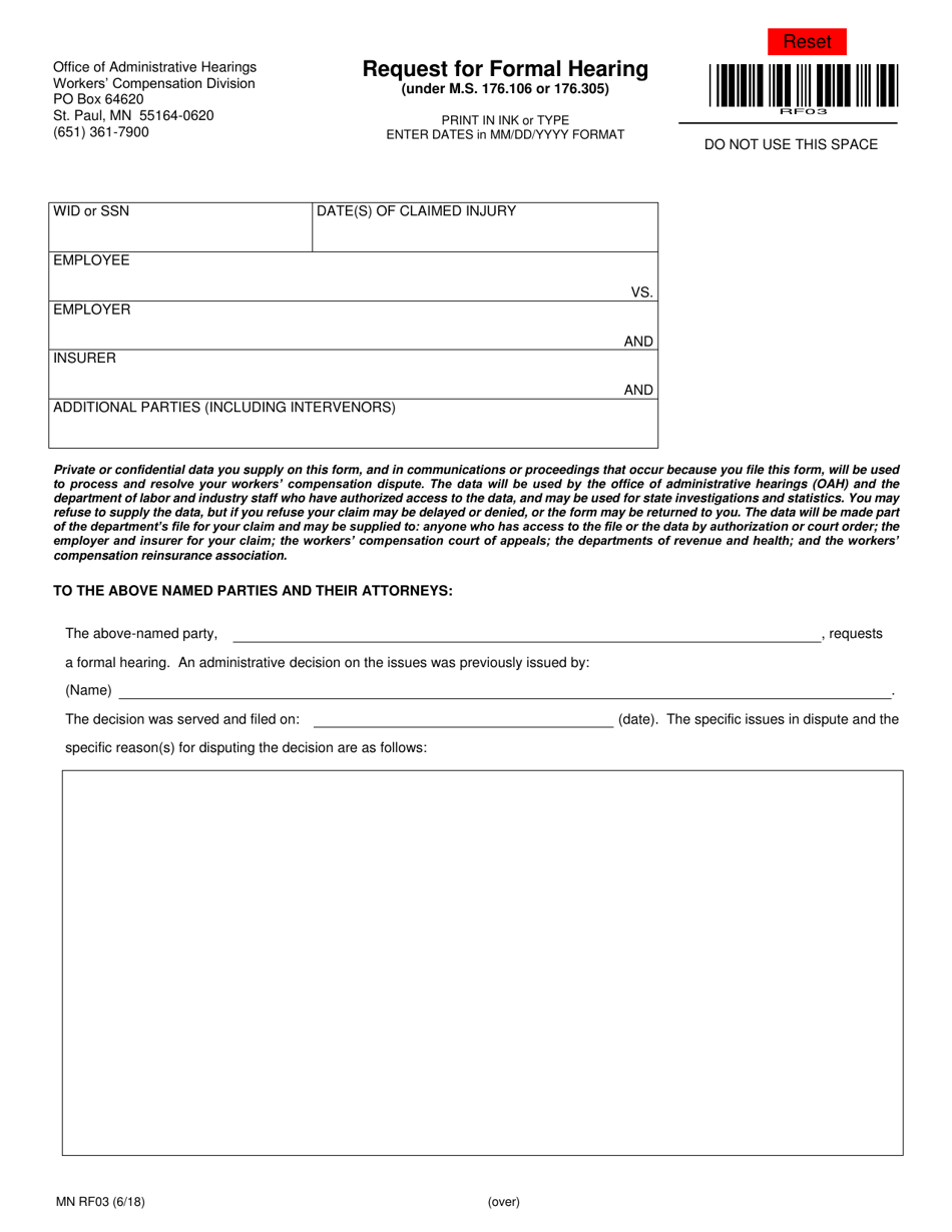 Form MN RF03 Request for Formal Hearing - Minnesota, Page 1