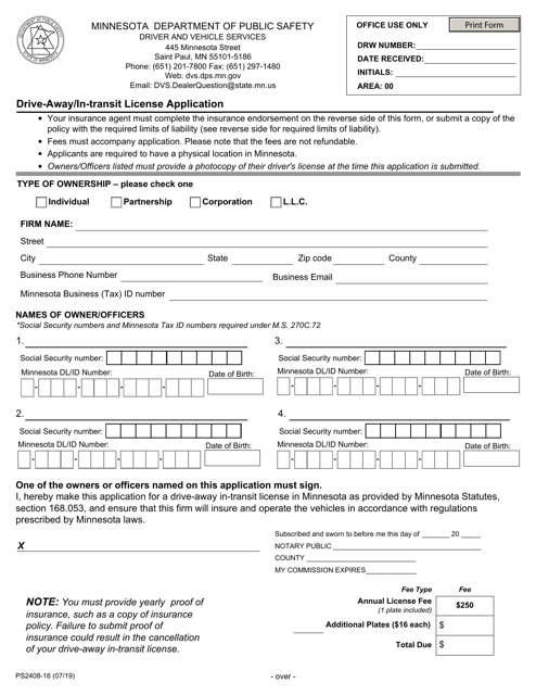 Form PS2408 Drive-Away/In-transit License Application - Minnesota