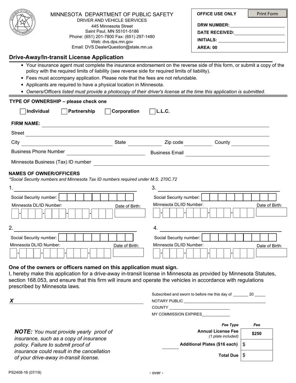 Form PS2408 Drive-Away / In-transit License Application - Minnesota, Page 1