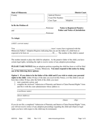 Form ADO103 &quot;Notice to Registered Putative Father and Notice of Jurisdiction&quot; - Minnesota
