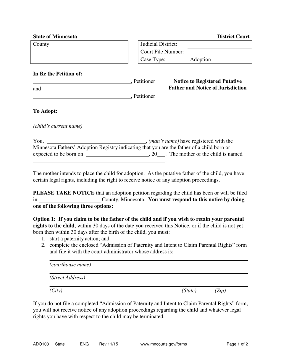 Form ADO103 Notice to Registered Putative Father and Notice of Jurisdiction - Minnesota, Page 1
