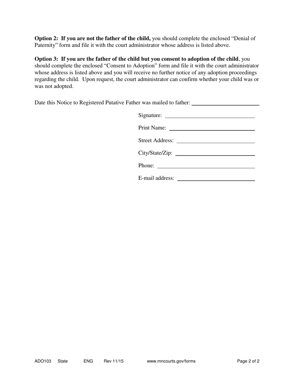 Form ADO103 Notice to Registered Putative Father and Notice of Jurisdiction - Minnesota, Page 2