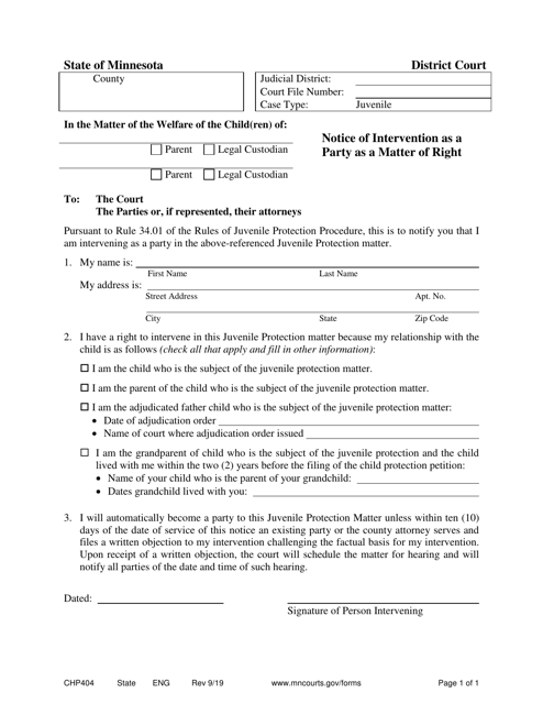 Form CHP404 Notice of Intervention as a Party as a Matter of Right - Minnesota
