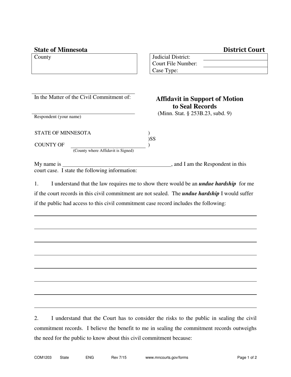 Form COM1203 Affidavit in Support of Motion to Seal Records - Minnesota, Page 1