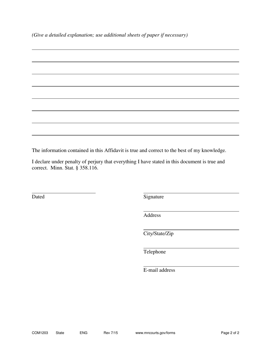 Form COM1203 Affidavit in Support of Motion to Seal Records - Minnesota, Page 2