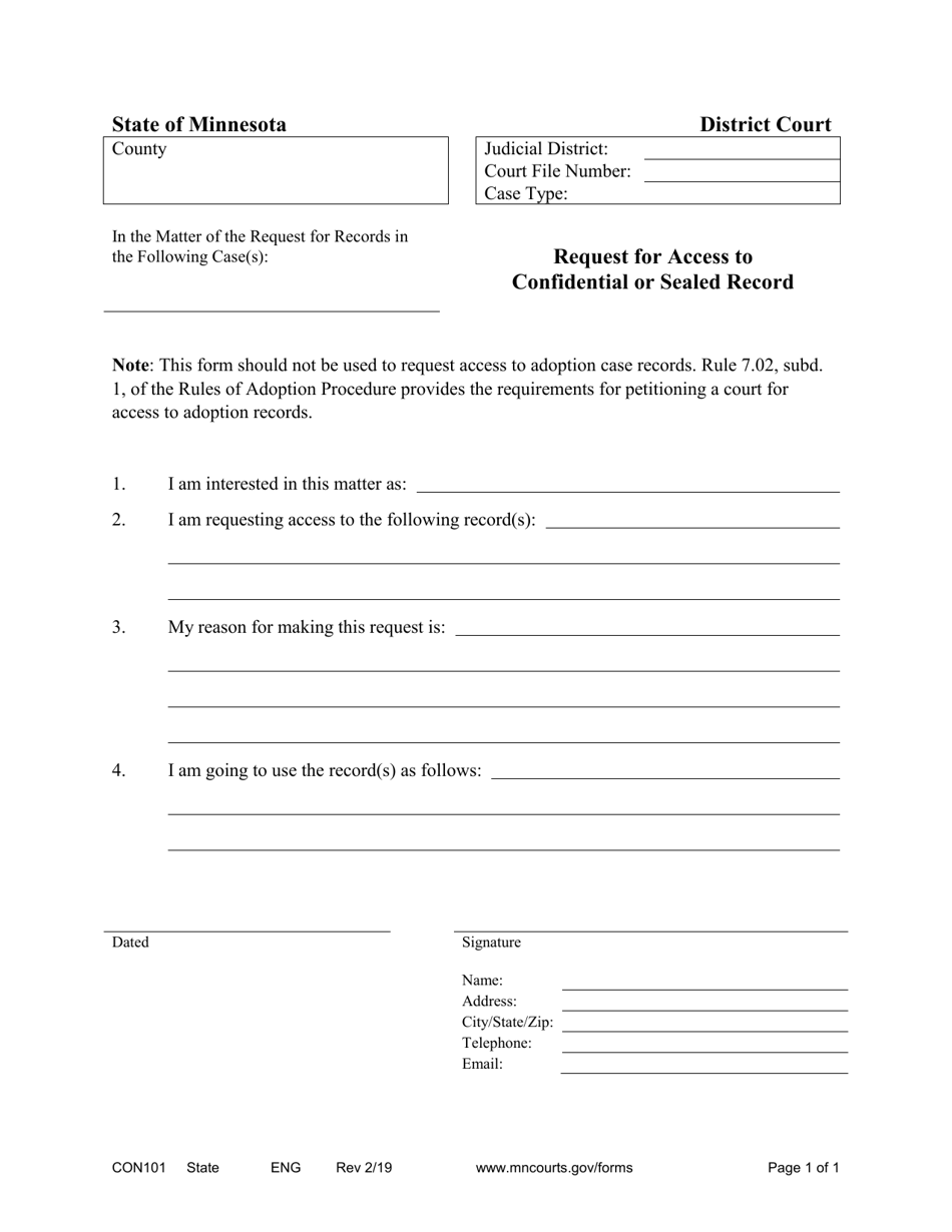 Form CON101 Request for Access to Confidential or Sealed Record - Minnesota, Page 1