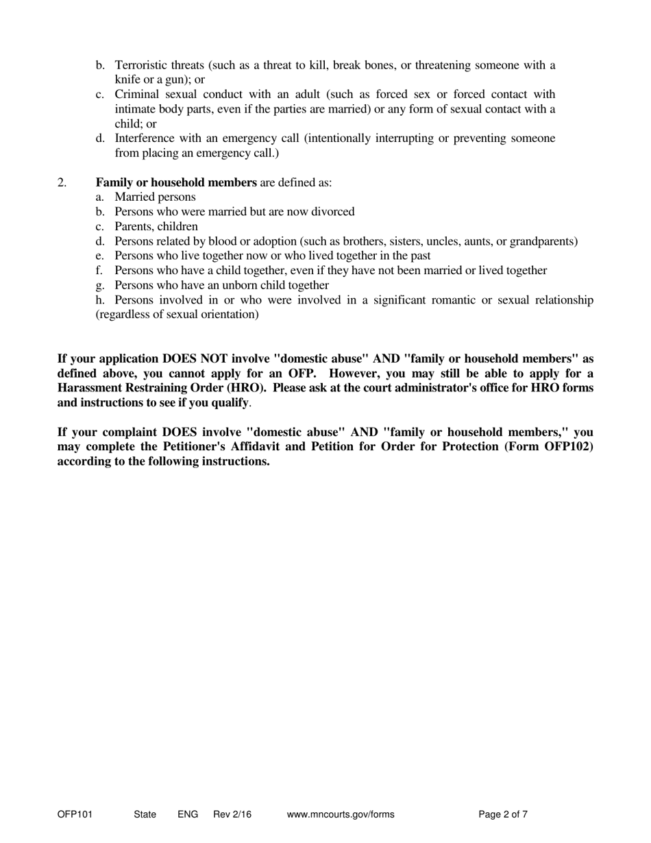Instructions for Form OFP102 Petitioners Affidavit and Petition for Order for Protection - Minnesota, Page 2