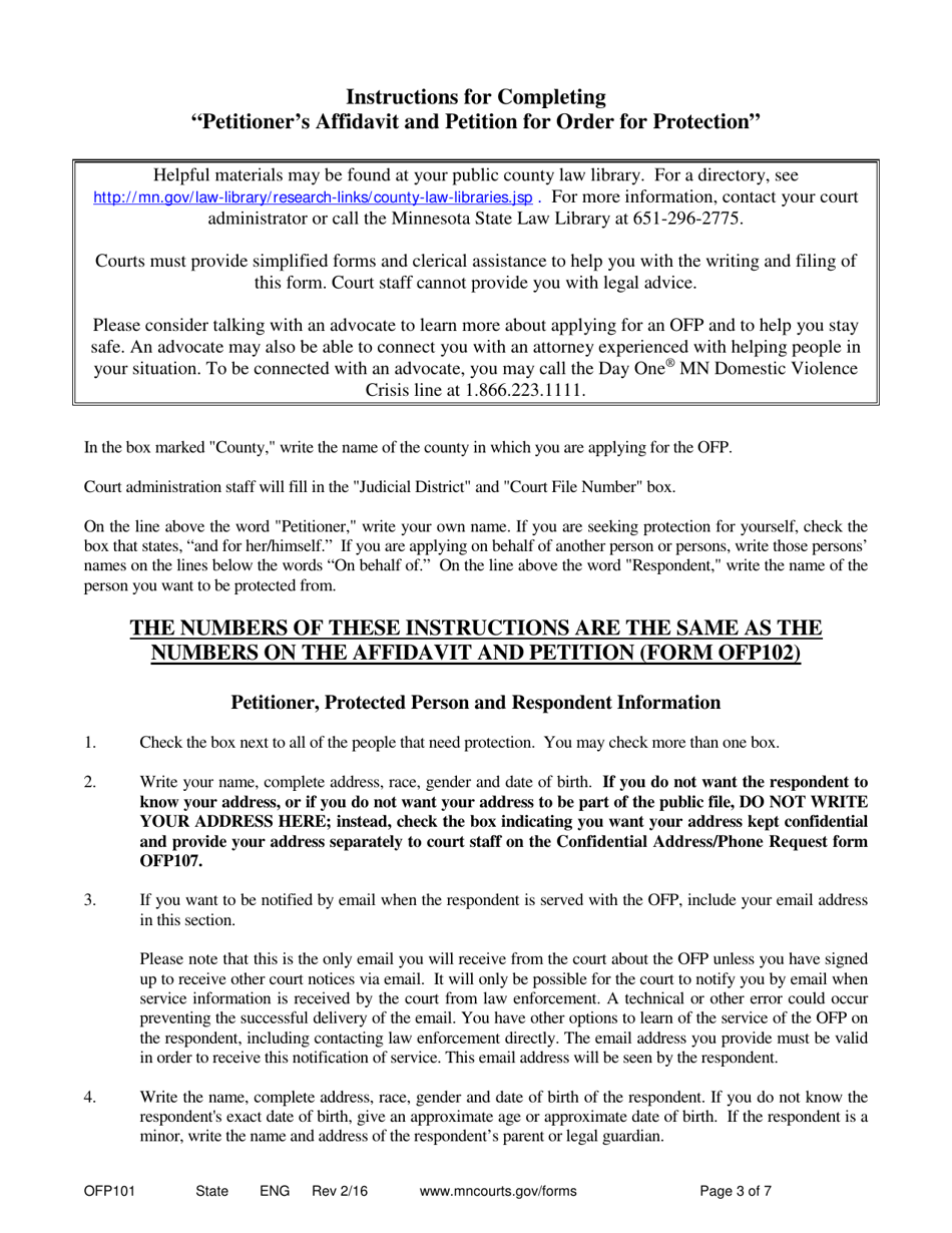 Instructions for Form OFP102 Petitioners Affidavit and Petition for Order for Protection - Minnesota, Page 3