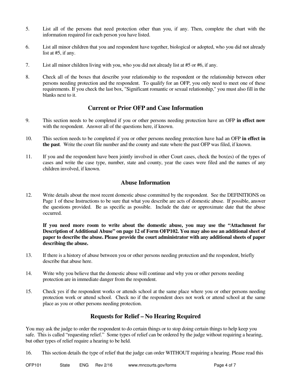 Instructions for Form OFP102 Petitioners Affidavit and Petition for Order for Protection - Minnesota, Page 4