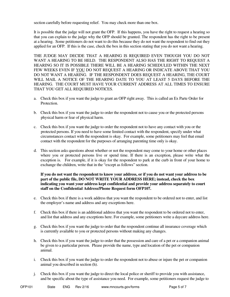 Instructions for Form OFP102 Petitioners Affidavit and Petition for Order for Protection - Minnesota, Page 5