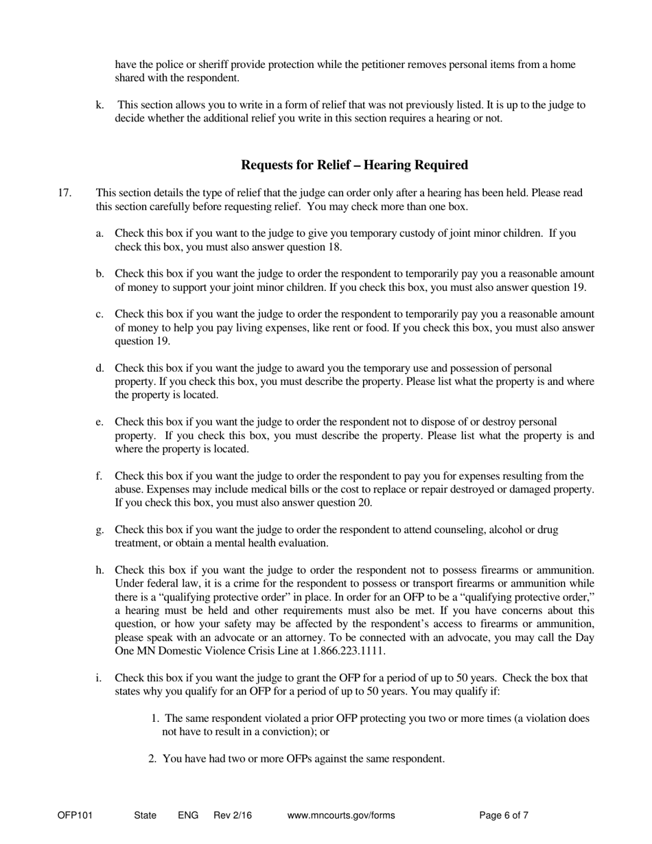 Instructions for Form OFP102 Petitioners Affidavit and Petition for Order for Protection - Minnesota, Page 6