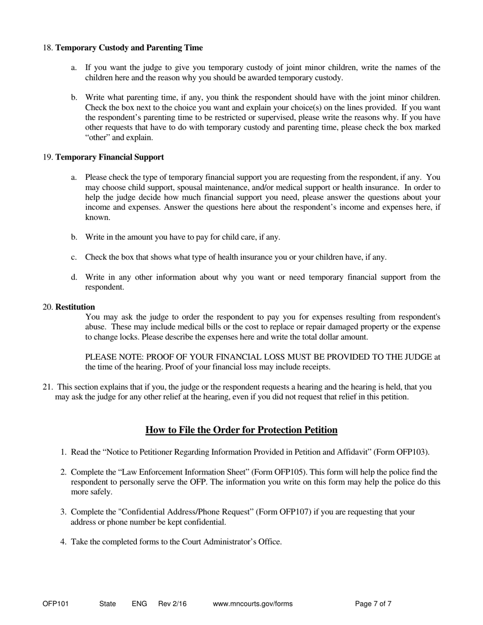 Instructions for Form OFP102 Petitioners Affidavit and Petition for Order for Protection - Minnesota, Page 7