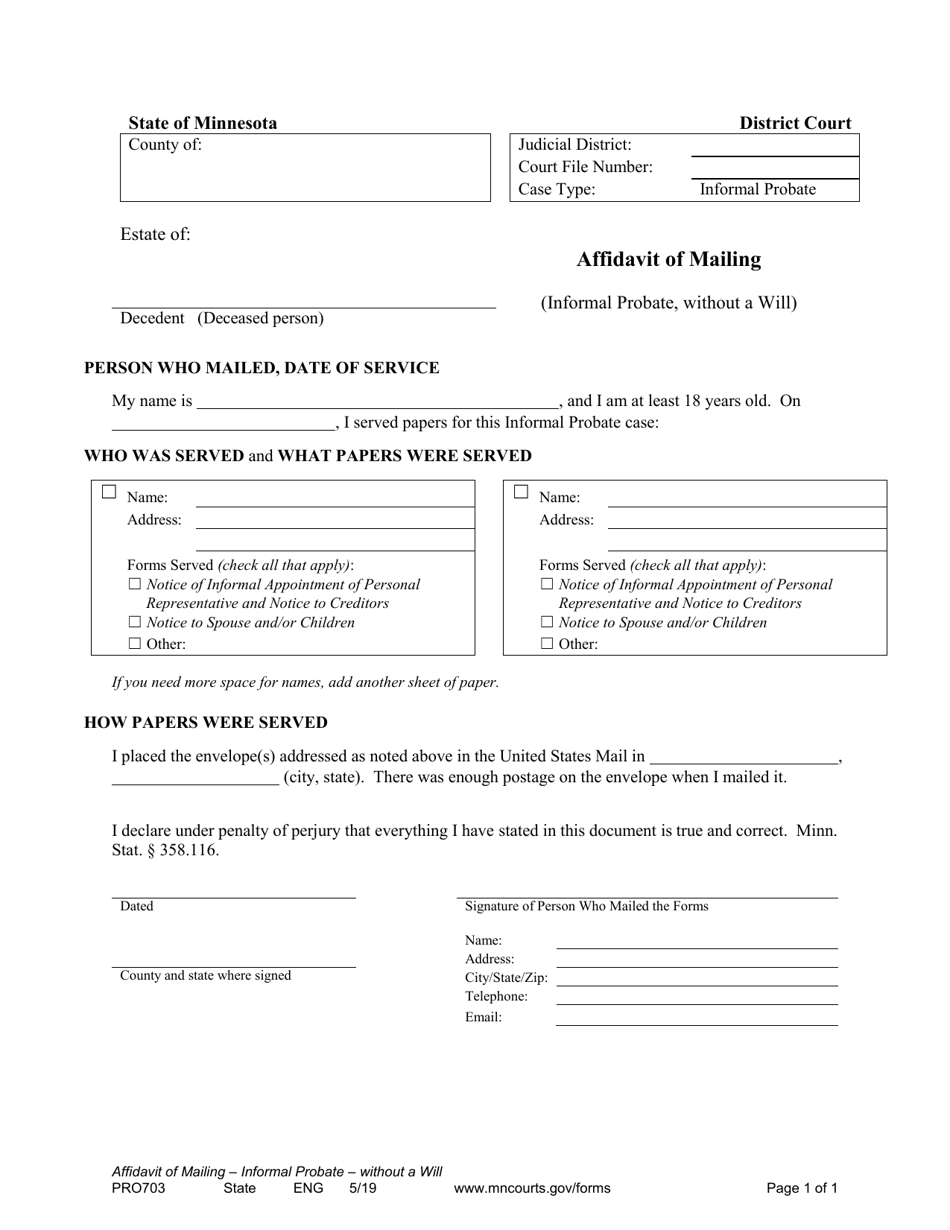 Form PRO703 Affidavit of Mailing for Informal Probate (Without a Will) - Minnesota, Page 1