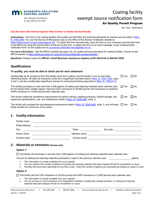 Coating Facility Exempt Source Notification Form - Minnesota Download Pdf